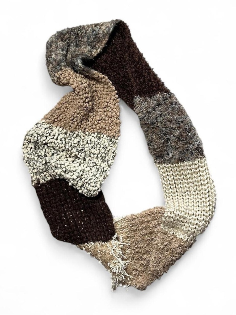 Cozy Neutral Patchwork Knit Infinity Scarf - Brown & Cream